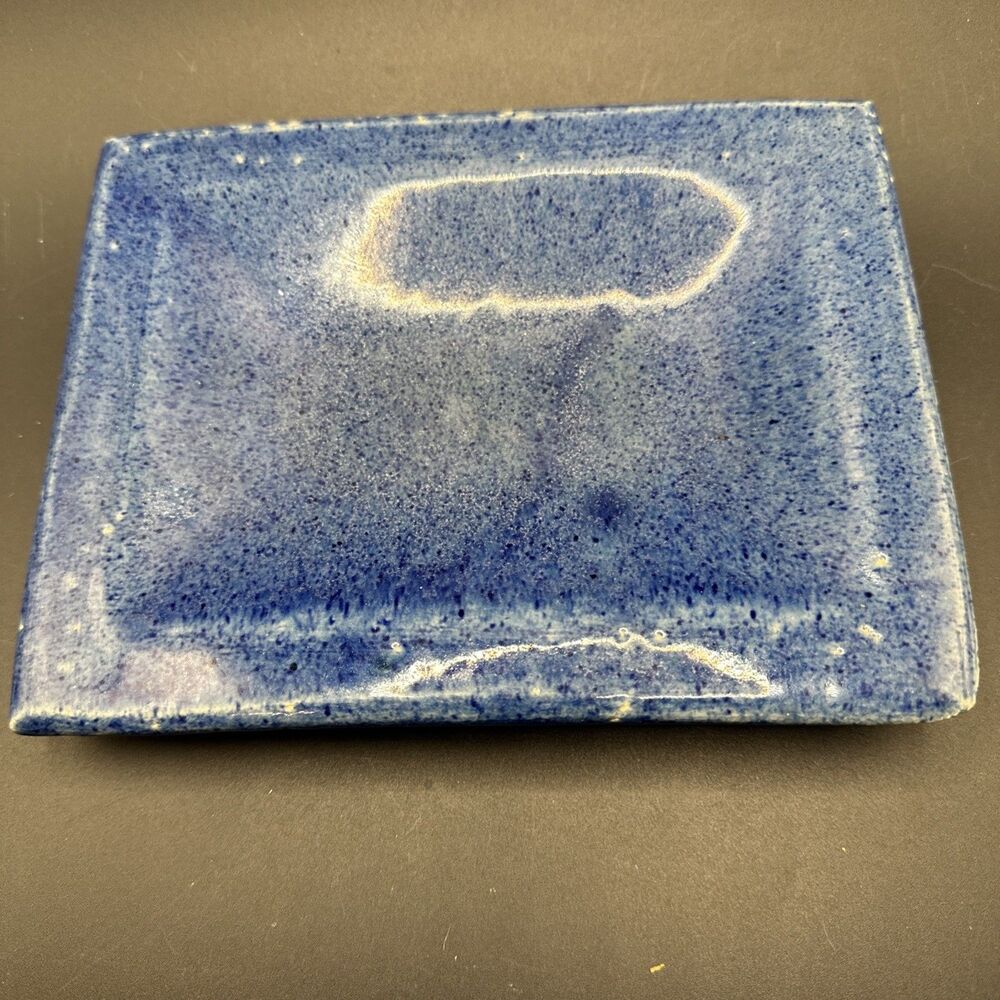 Signed Cobalt Blue Pottery Trinket Dish Studio Art Cobal Blue Glazed 7.5” X 5.5”